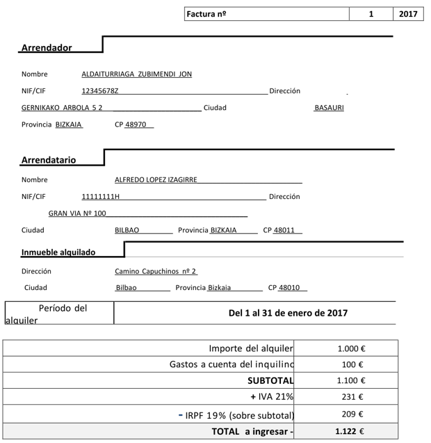 Factura de alquiler en PDF con retención de IRPF