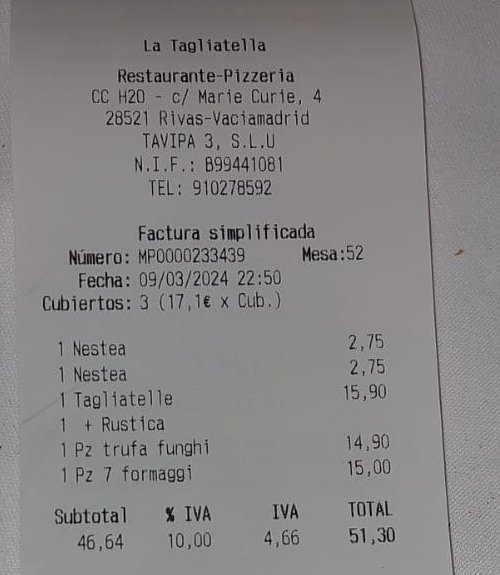 Foto de un ticket de restaurante